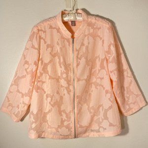 Chicos Peach Jacket Size 1 Medium Sheer Texture Zip Up Floral Lightweight Spring